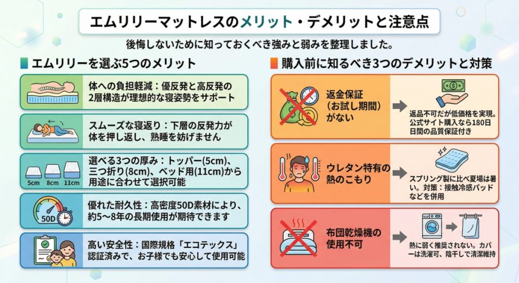 エムリリーマットレスのメリット・デメリットと注意点 図解イラスト