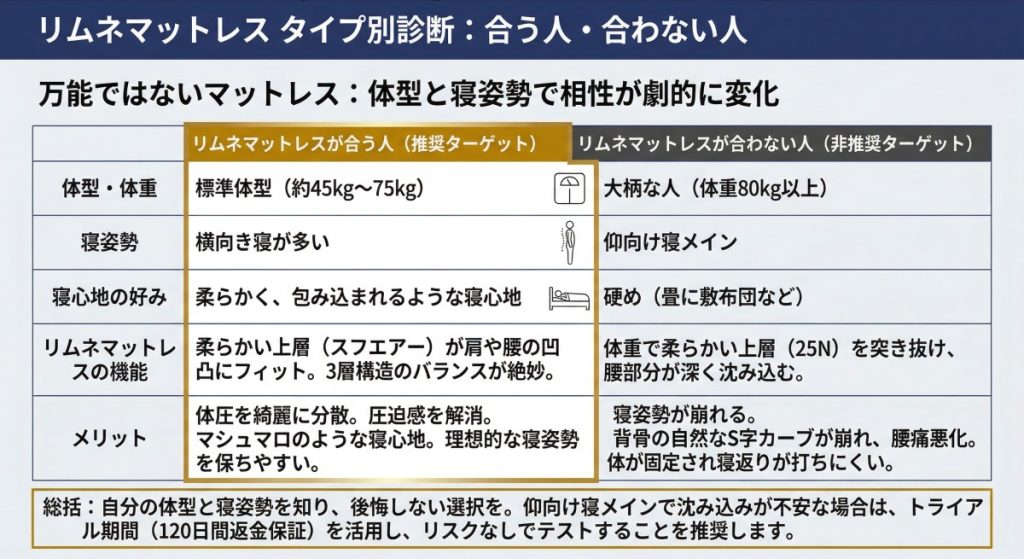 【タイプ別診断】リムネマットレスが合う人・絶対に合わない人 図解イラスト