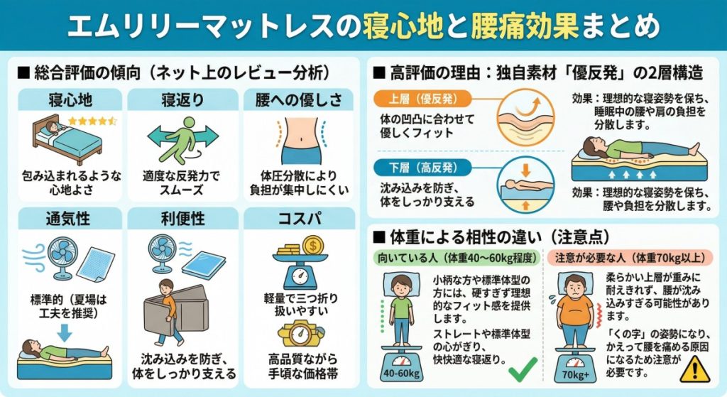 エムリリーマットレスの寝心地と腰痛効果 図解イラスト