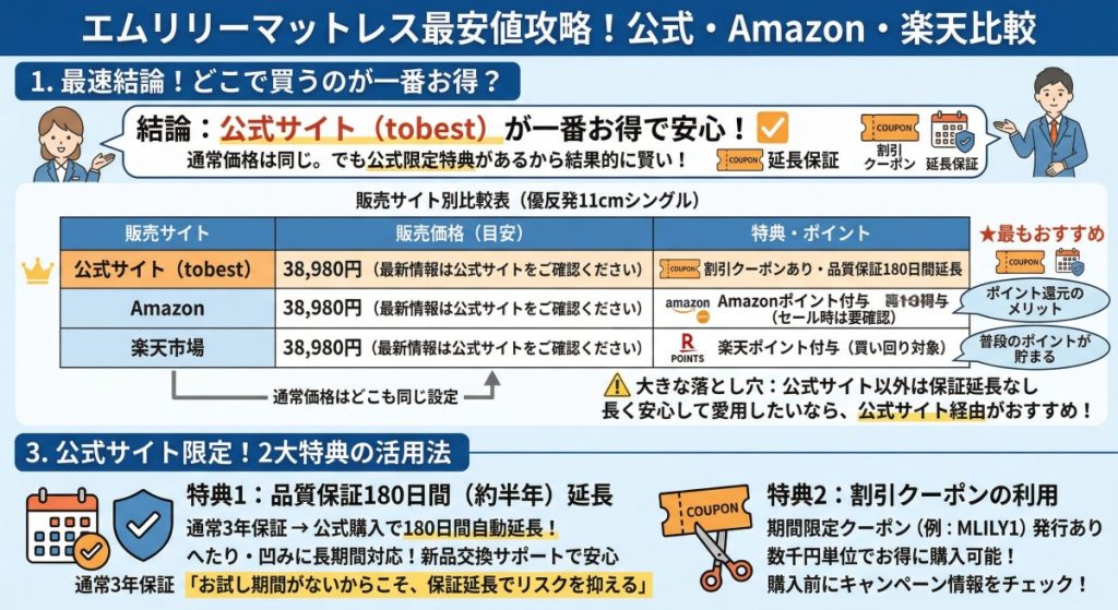 エムリリーマットレスを最安値でお得に購入する方法 図解イラスト