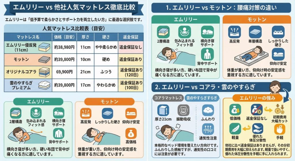 エムリリー vs 他社人気マットレス徹底比較 図解イラスト