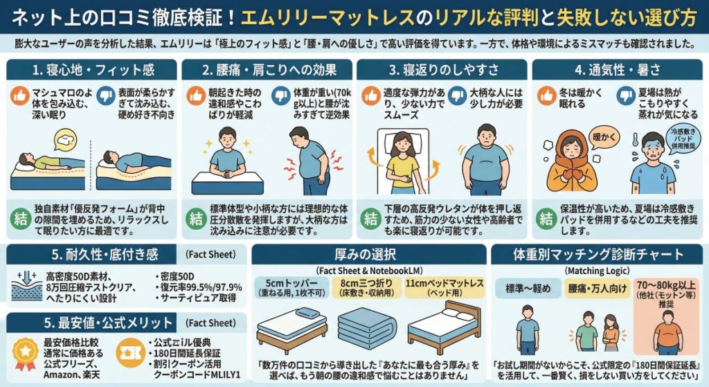 エムリリーマットレスのリアルな評判 図解イラスト