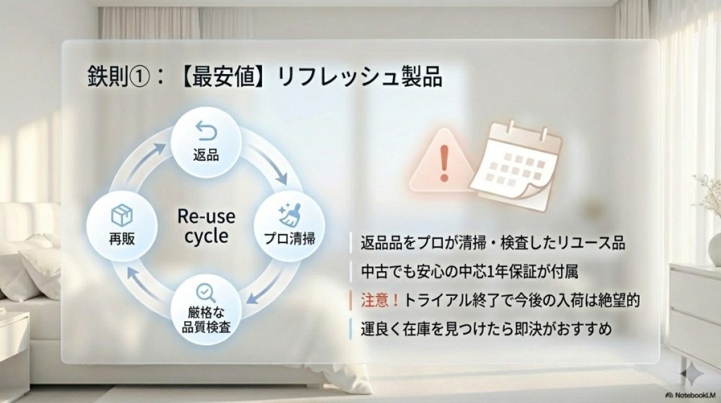 鉄則①:【最安値ルート】数量限定の認定リフレッシュ製品(リユース)を狙う