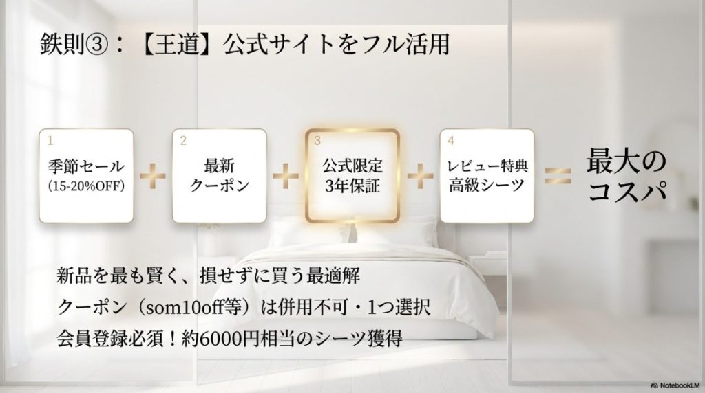 鉄則③:【絶対的王道ルート】公式サイトのセール×クーポン×3年保証×レビュー特典のフル活用