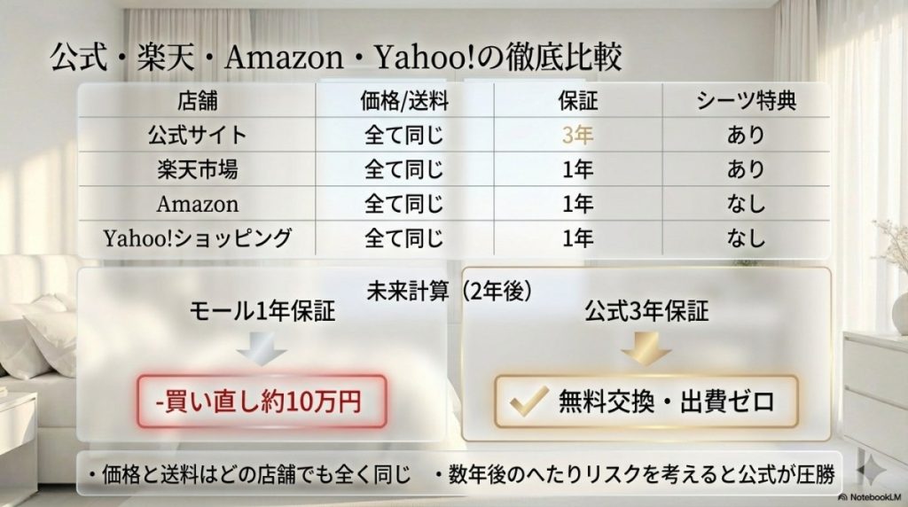 公式サイト・楽天市場・Amazon・Yahoo!の料金・送料・保証の徹底比較