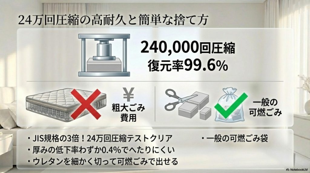 高耐久性(24万回圧縮試験)と処分方法の圧倒的な手軽さ(可燃ごみ)