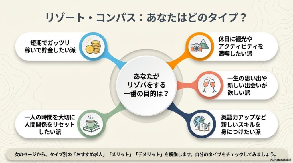 リゾートバイト適性診断。どういった目的により、どんなリゾートバイトがおすすめか図解したもの。