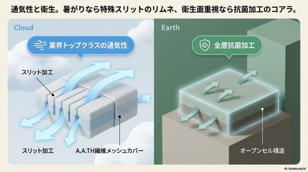 リムネマットレスとコアラマットレスの通気性の違い 図解イラスト
