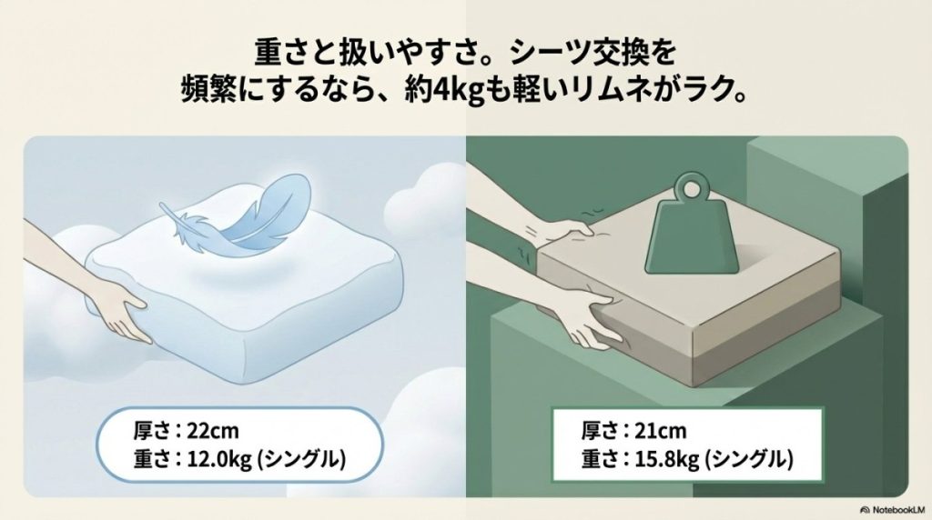 リムネマットレスとコアラマットレスの重さの違い 図解イラスト