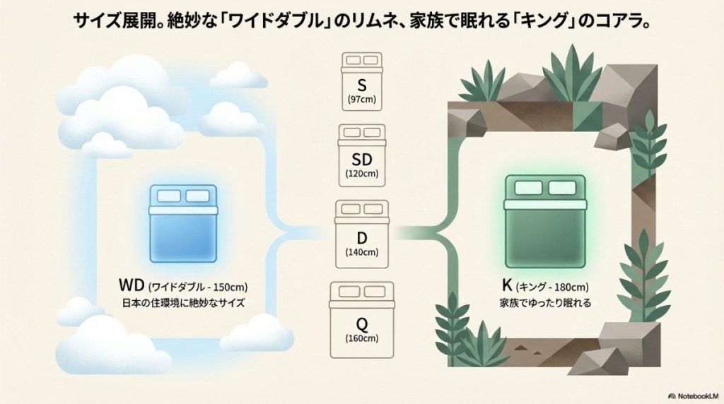 リムネマットレスとコアラマットレスのサイズの違い 図解イラスト