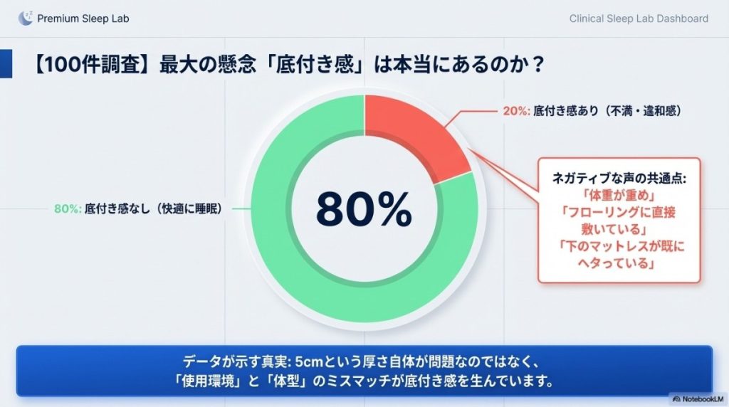 エムリリー 優反発 5cmの「底付き感」と「今の寝具との相性」に関する口コミ評価の図解。