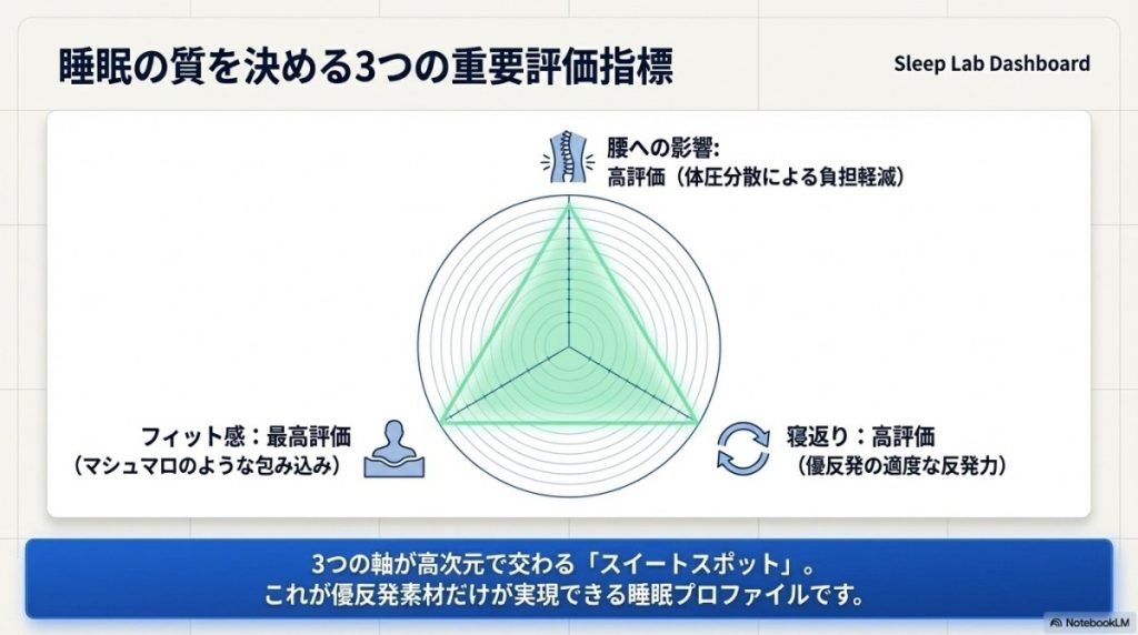 エムリリー 優反発 、睡眠の質を高める3つの重要評価指標の図解。
