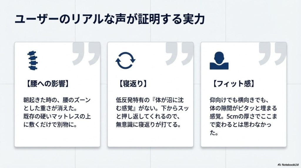 エムリリー優反発、ユーザーのリアルな声が証明する実力の図解。