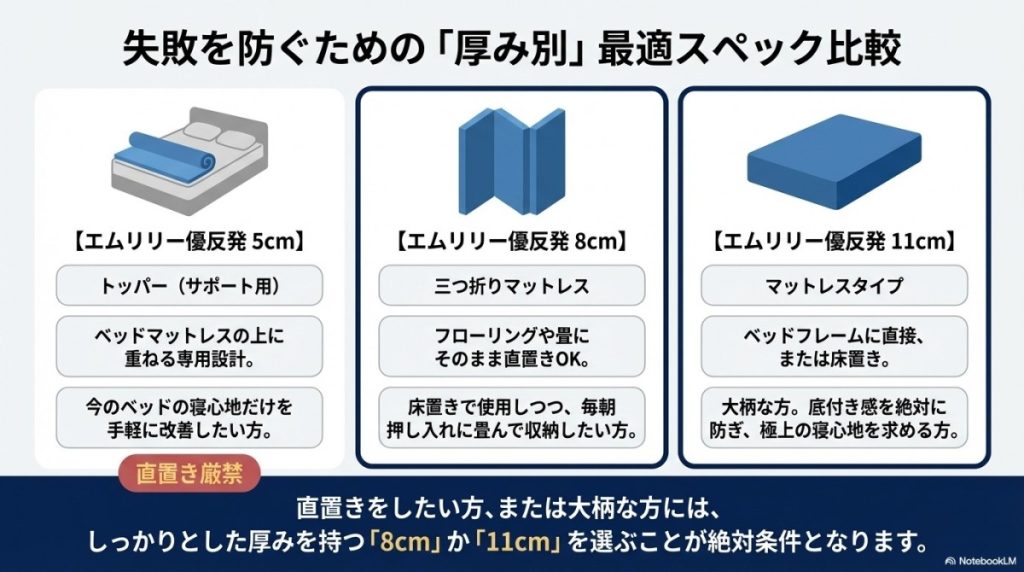 エムリリー優反発、厚み別最適スペック比較の図解。
